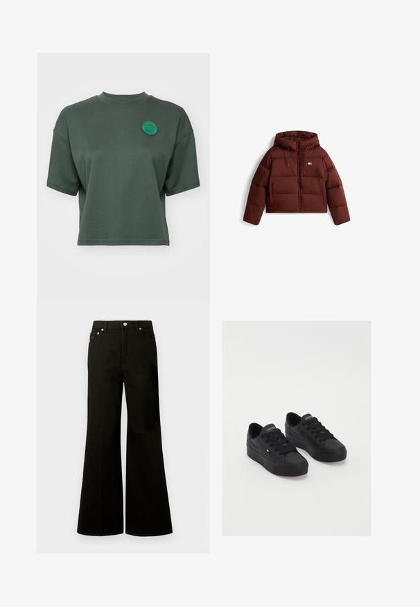 Prune, kapuutsi ja esikinnisega puffjakker, millel on opetatud disain ja kaks eesmist taskut.; Lühikeste varrukatega, lühikese lõikega t-särk, mis on valmistatud pehmest rohelisest materjalist, ümmarguse kaelusega ja tikandiga ringikujuline logo rinnal.; Mustad kõrge vöökohaga laiade säärtega teksad eessete nuppude ja tõmblukuga, vööaasad ning viis taskut, sealhulgas väike münditasku.; Mustad mustad madalate tossud, mis on valmistatud siledast materjalist, paksete paeltega, kareda tallaga ning väikese logoga küljel ja keelega.