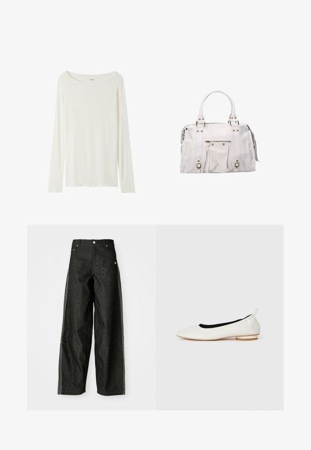 Schwarzer langer Wollmantel mit Reverskragen, zwei Knöpfen, seitlichen Taschen und einem glatten Innenfutter.; Langärmliges T-Shirt mit Rundhalsausschnitt in Cremefarbe aus weichem Material. Verfügt über einen geraden Schnitt und ein minimalistisches Design ohne Verzierungen.; Schwarze Denim-weit geschnittene Hose mit weißen Seitestreifen, vorne mit Taschen, einem Knopfverschluss und einem dezenten Logo in der Nähe des Bundes.; Weiße Leder-Ballerinas mit abgerundetem Zehenbereich, niedrigem Blockabsatz, schwarzer Innenauskleidung und einer Schlaufe an der Ferse, seitlich auf weißem Hintergrund dargestellt.; Weißes Lederhandtasche mit goldenen Beschlägen, doppelten Griffen, Reißverschlussoberseite und Vordertasche. Verfügt über ein gefälteltes Design und seitliche Quasten.