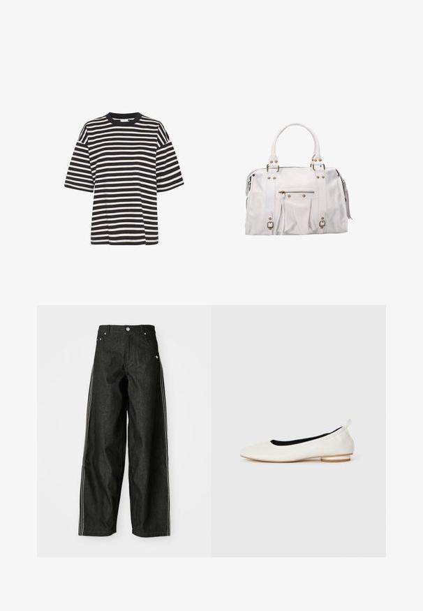 Cappotto lungo nero in lana con rever a punta, due bottoni, tasche laterali e foderato internamente in modo liscio.; T-shirt a righe in navy e crema, con scollo rotondo, maniche corte, forma ampia e texture in cotone morbido.; Pantaloni larghi in denim nero con strisce laterali bianche, dotati di tasche frontali, chiusura con bottone e un logo discreto vicino alla vita.; Ballerina bianca in pelle con punta arrotondata, tacco basso impilato, rivestimento interno nero e passante sul tallone, mostrata in profilo laterale su sfondo bianco.; Borsa in pelle bianca con hardware dorato, doppi manici, chiusura con zip e tasca frontale. Presenta un design plissettato e frange laterali.