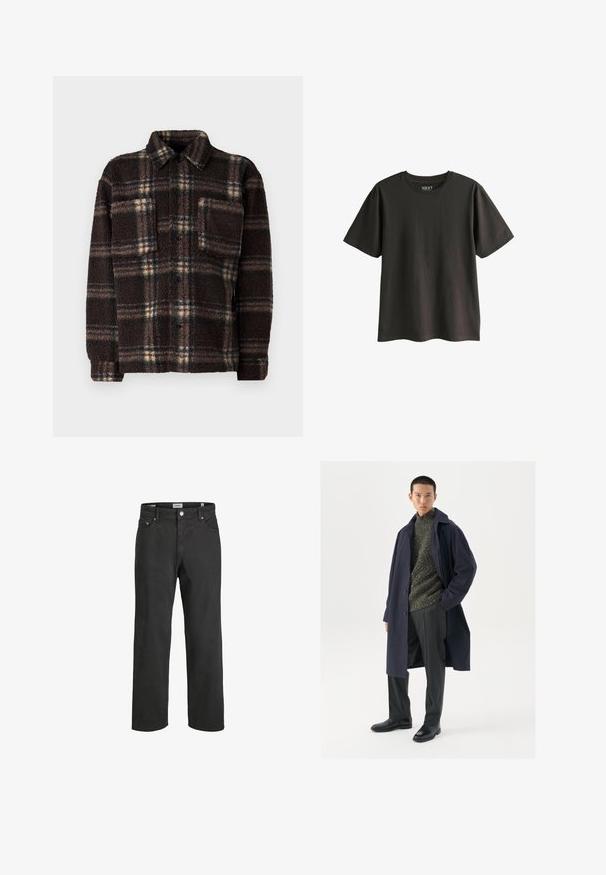 Chaqueta de camisa de forro polar a cuadros marrón con cierre de botones, cuello extendido y un bolsillo en el pecho; presenta una tela texturizada y suave.; Camiseta de corte corto de color gris oscuro, fabricada en algodón. Presenta un cuello redondo y un ajuste holgado, con una textura suave y sin patrones visibles.; Vaqueros negros de pierna recta hechos de algodón, con un clásico diseño de cinco bolsillos, cierre de botón y detalles de costura sutiles.; Abrigo navy con cierre de botón, suéter verde texturizado, pantalones negros y botas de cuero negras. Tejido suave con silueta estructurada.
