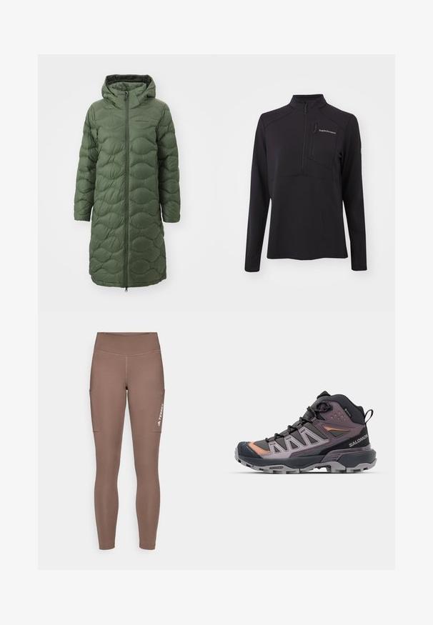 Peak Performance HELIUM COAT - Tollkabát - pine needle; Fekete, hosszú ujjú pulóver, texturált anyagból készült, félig cipzárral, magas gallérral és cipzáros mellzsebbel. Elöl található a márka logója.; Barna sport leggings magas derékkal, oldalsó zsebekkel és fehér logóval. Sima, rugalmas anyag a kényelem és a mozgás szabadsága érdekében.; Magas szárú túrázó cipők fekete, szürke és levendula színű szintetikus felsőrésszel, struktúrált talppal és szürke fűzőkkel, megerősített orrrész jellemzi.