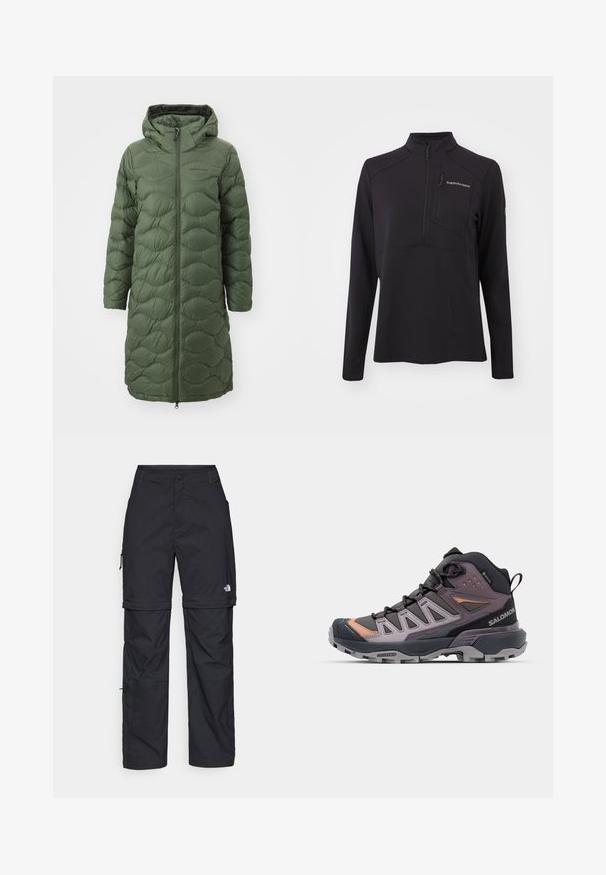 Peak Performance HELIUM COAT - Casaco de penas - pine needle; Pullover preto de manga longa feito de material texturizado, apresentando um fecho de meia-zíper, gola alta e um bolso no peito com zíper. Logotipo da marca na parte da frente.; Calças cargo pretas em nylon com fechos de correr removíveis, punhos ajustáveis, múltiplos bolsos e um logótipo na perna direita. Textura suave e leve.; Botas de caminhada de cano alto com um cabedal sintético em preto, cinza e lavanda, sola texturizada e atacadores cinzentos, apresentando um biqueira reforçada.