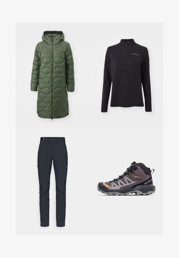 Peak Performance HELIUM COAT - Dūnu mētelis - pine needle; Melna garlašu piedurkņu puloveris, izgatavots no teksturēta materiāla, ar pus-zipped, augstu apkakli un ar rāvējslēdzēju kabatu uz krūtīm. Zīmola logo priekšpusē.; Vīriešu āra bikses, tumši pelēkā krāsā, izgatavotas no elastīga materiāla, ar jostu, kabatām ar rāvējslēdzēju un pastiprinātām šuvēm.; Augstas zābaki pārgājieniem ar melniem, pelēkiem un lavandas krāsas sintētiskiem augšējo daļu, teksturētu zoli un pelēkām auklām, ar pastiprinātu purngalu.