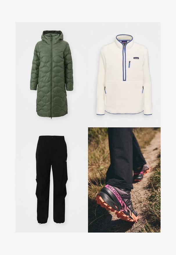 Peak Performance HELIUM COAT - Dunkappa / -rock - pine needle; Fleece-pullover i vitt med halvlång dragkedja fram, blå dragkedjeaccentuerade detaljer, bröstficka och sidfickor. Slät textur och hög krage.; Svarta utomhusbyxor gjorda av slitstarkt material, med en avslappnad passform, elastisk midja och indragna muddar för justerbar längd.; Salomon SPEEDCROSS 6 GTX - Löparskor terräng - moonscape/black/bird of paradise