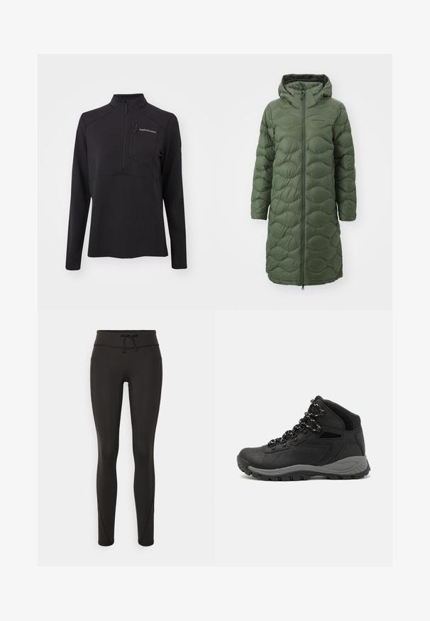 Peak Performance HELIUM COAT - Down coat - pine needle; Black long-sleeve pullover made from textured material, featuring a half-zip, high collar, and a zippered chest pocket. Brand logo on front.; Black Columbia t-shirt with white circular mountain and river line art and text "Columbia Sportswear Company Outside Since 1938."; Black leggings with a high waistband, drawstring, smooth texture, and fitted design. Features stitching details along the sides.; Black hiking boot with a mid-top design, featuring a textured upper, gray accents, and durable rubber sole with traction lugs.