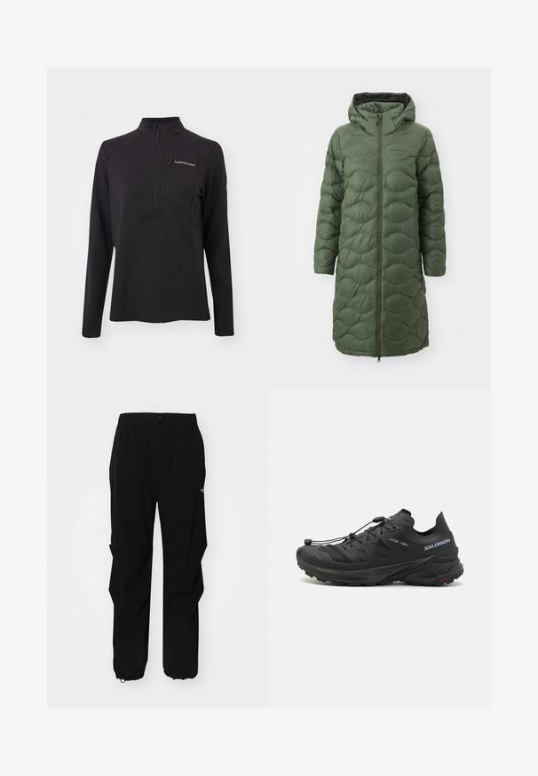 Peak Performance HELIUM COAT - Untuvatakki - pine needle; Mustat pitkät hihat pulloveri, joka on valmistettu teksturoidusta materiaalista. Mallissa on puolikuvioinen vetoketju, korkea kaulus ja vetoketjullinen rintatasku. Brändin logo edessä.; Mustat ulkoiluhousut, jotka on valmistettu kestävästä materiaalista. Niissä on rento istuvuus, joustava vyötärö sekä kiristettävät hihnat, jotka mahdollistavat säädettävän pituuden.; Musta maastojuoksukengät, joissa on teksturoitu päällinen, verkkomaiset paneelit ja turvallinen kiinnitysjärjestelmä. Varustettu karkealla pohjalla pidon parantamiseksi.