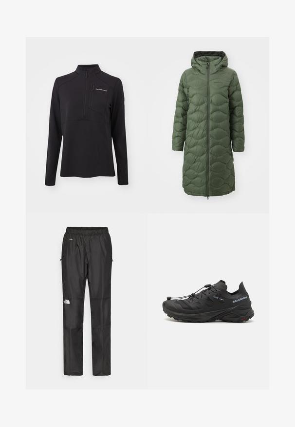 Peak Performance HELIUM COAT - Piumino lungo - pine needle; Pullover nero a maniche lunghe realizzato in materiale testurizzato, con zip a metà, colletto alto e tasca sul petto con zip. Logo del marchio sul davanti.; Pantaloni impermeabili neri realizzati in tessuto leggero, dotati di cintura elastica, tasche laterali e un logo sulla gamba sinistra.; Scarpe da trail running nere con una parte superiore testurizzata, pannelli in rete e un sistema di chiusura sicuro. Presentano una suola robusta per una buona trazione.