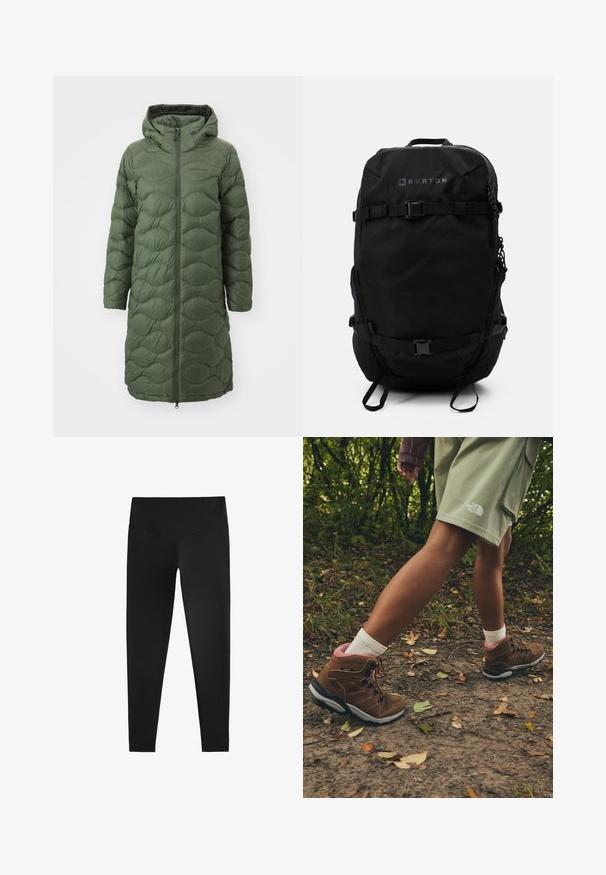 Peak Performance HELIUM COAT - Piumino lungo - pine needle; T-shirt nera a maniche lunghe in cotone con colletto rotondo. Presenta un piccolo logo bianco sul lato sinistro del petto. Design semplice e vestibilità comoda.; Leggings neri realizzati in tessuto elasticizzato, con una vita alta e una consistenza liscia, progettati per comfort e flessibilità.; Jack Wolfskin REFUGIO PRIME TEXAPORE MID W - Scarpa da hiking - fawn; Burton DAY HIKER 2.0 22L - Zaino - true black