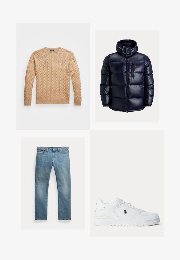Marinblå puffjacka med huva, hel dragkedja fram, ficka med dragkedja på bröstet, sidofickor och röd broderad logga på bröstet.; Beige kabelstickad tröja med rund halsringning, ribbad muddar och nederkant. Har en liten marinblå logotyp på vänster bröst. Mjuk, texturerad tyg.; Ljusblå denimjeans med rak passform, knäppning med knapp, fem fickor, subtila blekningar och sömnadsdetaljer.; Vitt sportskor med strukturerad läderöverdel, rund tå, platta snören och en svart logotyp på sidan. Gummisula med mönster för grepp.