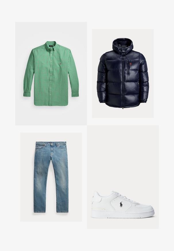 Granatowa kurtka puchowa z kapturem, z pełnym zapięciem na zamek z przodu, zamykana kieszeń na piersi, kieszenie boczne oraz czerwona haftowana aplikacja na klatce piersiowej.; Zielona koszula w kratkę typu gingham, z zapięciem na guziki, długimi rękawami, kołnierzykiem typu spread, z małym logo, wykonana z lekkiego materiału.; Jasnoniebieskie dżinsy o prostym kroju, zapinane na guziki, z pięcioma kieszeniami, delikatnym wypłowieniem i przeszyciami.; Biały sportowy but z fakturowaną skórzaną cholewką, okrągłym noskiem, płaskimi sznurowadłami oraz czarnym logo po boku. Gumowa podeszwa z wzorem bieżnika.