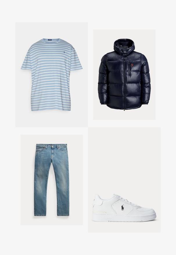 Granatowa kurtka puchowa z kapturem, z pełnym zapięciem na zamek z przodu, zamykana kieszeń na piersi, kieszenie boczne oraz czerwona haftowana aplikacja na klatce piersiowej.; Polo Ralph Lauren Big & Tall - T-shirt z nadrukiem; Jasnoniebieskie dżinsy o prostym kroju, zapinane na guziki, z pięcioma kieszeniami, delikatnym wypłowieniem i przeszyciami.; Biały sportowy but z fakturowaną skórzaną cholewką, okrągłym noskiem, płaskimi sznurowadłami oraz czarnym logo po boku. Gumowa podeszwa z wzorem bieżnika.