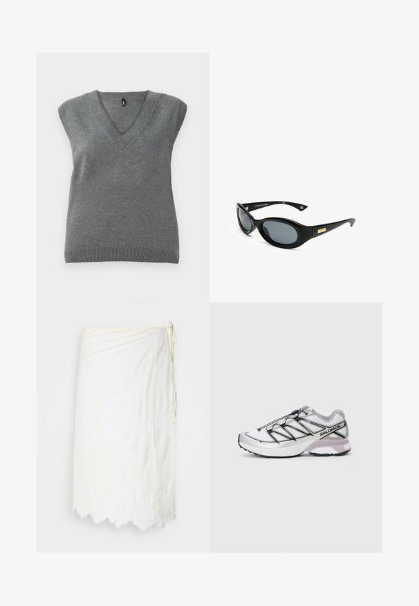 Veste cropped en suede beige avec des manches longues, deux poches plaquées à l'avant, des boutons pression argentés et un col pointu sur fond blanc.; Gilet sans manches en tricot gris avec col en V et bords côtelés, présenté à plat sur un fond clair.; Jupe blanche à encolure en dentelle florale, avec un ourlet festonné et une fermeture à nouer sur le côté, présentée sur un fond uni.; Chaussure de course avec une tige en maille blanche légère, des accents argentés et un système de laçage noir ; elle dispose d'une semelle texturée pour une meilleure traction.; Lunettes de soleil noires avec des verres ovales, monture mate et un accent doré sur les tempes. Les verres gris foncé offrent une protection UV.; Sac bandoulière en cuir noir avec une fermeture éclair, logo embossé à l'avant et une sangle réglable. Texture lisse avec une forme rectangulaire.