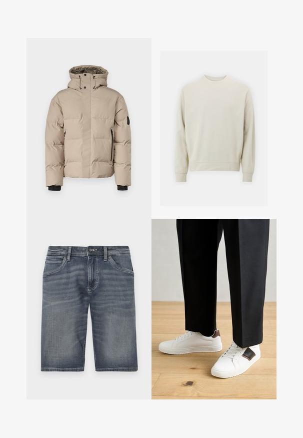 Bežna izolirana jakna s kapuco, ki ima sprednje zadrge, stranske žepne zadrge in elastične manšete za toplotno zaščito in udobje.; Svetlo bež sweatshirt iz mehkega blaga s krožnim izrezom, dolgimi rokavi ter rebrastimi manšetami in robom. Minimalističen dizajn, brez vidnih vzorcev.; Denim kratke hlače v blede modri barvi, z gumbom in zadrgo, petimi žepi in vidnimi šivi.; Beli športni copati z gladko teksturo, okrašeni z rjavimi usnjenimi detajli in črnimi poudarki, v kombinaciji s črnimi krojenimi hlačami. Ozadje iz lesenih tal.