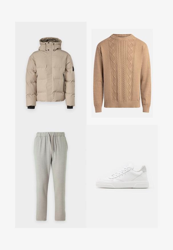 Beige isolert jakke med hette, med front zip lukking, sidelommer med glidelås og elastiske mansjetter for varme og komfort.; Strikkegenser i beige med teksturerte mønstre. Har rund hals, ribbestrikkede mansjetter og varierte kabelstrikkedesign over fronten.; Lys grå joggebukser med elastisk midjebånd og snøring, smale ben og strukturert stoff for ekstra komfort.; Hvite skinnsko med en glat overflate, rund tå, flate lisser og teksturert såle. Grå semsket innfelt ved hælen.