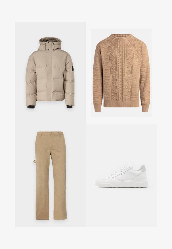 Bež jakna s izolacijom i kapuljačom, koja ima prednji zip zatvarač, bočne zip džepove i elastične manžete za toplinu i udobnost.; Pletena veste u bež boji s teksturiranim uzorcima. Ima okrugli izrez, rebraste manžetne i raznolike kabel pletene dizajne na prednjem dijelu.; Bež promptne hlače ravnog kroja, s prednjim zatvaranjem na dugme i petljama za pojas. Tekstura tkanine s vertikalnim prugama.; Bijele kožne tenisice s glatkom površinom, okruglim vrhom, ravnim vezicama i strukturiranom potplatom. Sivi antilop naglasak na peti.