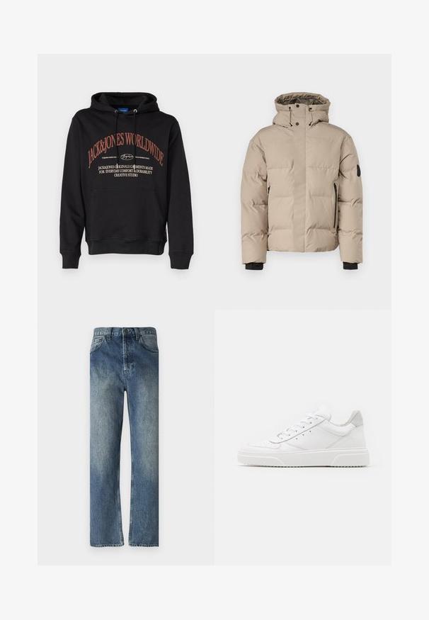 Giacca isolante beige con cappuccio, dotata di chiusura frontale con zip, tasche laterali con zip e polsini elasticizzati per calore e comfort.; Felpa nera con cappuccio e tasca a canguro, con stampa di testo rossa: "JACK&JONES WORLDWIDE" e ulteriore testo sottostante. Realizzata in tessuto morbido.; Jeans in denim blu con taglio dritto, caratterizzati da un lavaggio sbiadito, passanti per cintura, tasche anteriori e una singola tasca posteriore.; Sneaker bianche in pelle con finitura liscia, punta arrotondata, lacci piatti e suola texturizzata. Accento in suede grigio sul tallone.