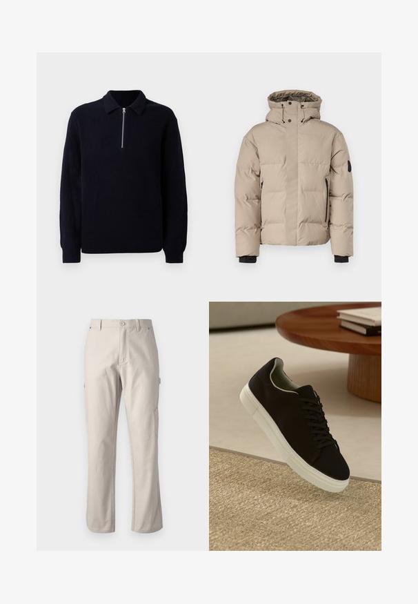 Bež jakna s izolacijom i kapuljačom, koja ima prednji zip zatvarač, bočne zip džepove i elastične manžete za toplinu i udobnost.; Mornarsko rebrasto pleteno pulover s patentnim zatvaračem, klasičnom kragnom i dugim rukavima. Mekani materijal s opuštenim krojem.; Bež cargo hlače od čvrstog pamuka s ravnim nogavicama, prednjim zatvaranjem na gumb i bočnim džepovima za praktičnost. Glatka tekstura s suptilnim šavovima.; Crna tenisica s bijelim potplatom koja lebdi iznad bež teksturiranog tepiha pored okruglog drvenog stola sa složenim knjigama.