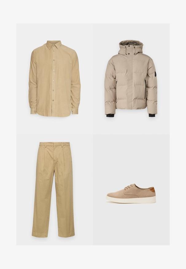 Chaqueta aislante beige con capucha, que cuenta con un cierre frontal de cremallera, bolsillos laterales con cremallera y puños elásticos para mayor calidez y comodidad.; Camisa de pana beige de manga larga con cuello abotonado y botones en la parte delantera, presentada sobre un fondo blanco.; Pantalones de algodón beige con un diseño de pierna recta, que cuentan con pliegues frontales y bolsillos laterales. La tela tiene una textura suave y lisa.; Zapatillas de ante beige con puntera redondeada, cordones en la parte delantera y un acento texturizado en la parte trasera. La suela de goma blanca proporciona contraste. Diseño sencillo y moderno.