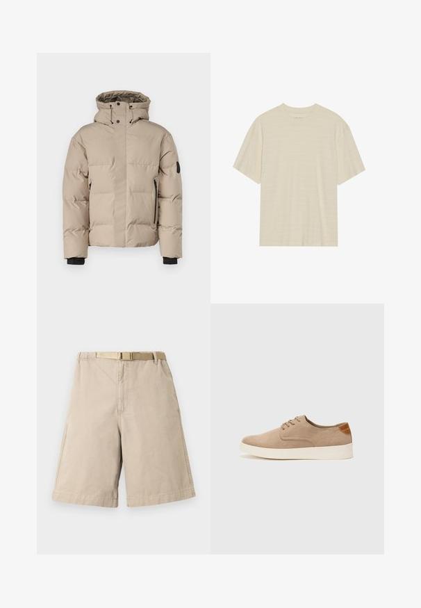 Beżowa ocieplana kurtka z kapturem, z zamkiem błyskawicznym z przodu, bocznymi kieszeniami na zamek oraz elastycznymi mankietami dla dodatkowego ciepła i komfortu.; Kremowa, krótko rękawowa koszulka z delikatną teksturą w paski i okrągłym dekoltem, wykonana z lekkiego materiału.; Beżowe szorty bawełniane z paskiem, o prostym kroju, z bocznymi kieszeniami i wzmacnianymi szwami. Gładka tekstura na całej powierzchni.; Beżowe zamszowe sneakersy z okrągłym noskiem, sznurowanym przodem i teksturowanym akcentem na tyle. Biała gumowa podeszwa tworzy kontrast. Prosty i nowoczesny design.