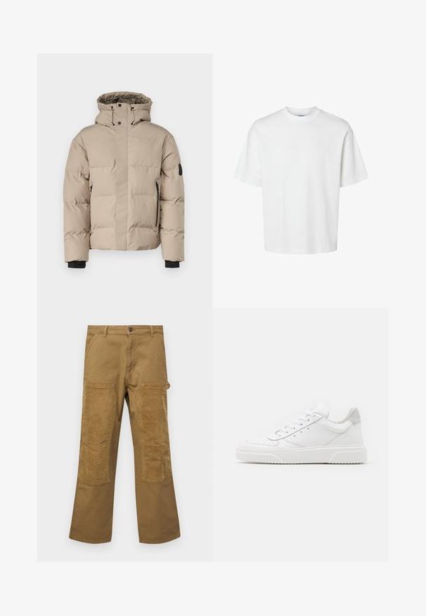 Giacca isolante beige con cappuccio, dotata di chiusura frontale con zip, tasche laterali con zip e polsini elasticizzati per calore e comfort.; T-shirt bianco in cotone con maniche corte, scollo rotondo e vestibilità rilassata. Texture liscia senza pattern o dettagli visibili.; Pantaloni cargo in cotone marrone con toppe in tessuto a costine a contrasto, taglio dritto, cinque tasche e chiusura a bottone.; Sneaker bianche in pelle con finitura liscia, punta arrotondata, lacci piatti e suola texturizzata. Accento in suede grigio sul tallone.
