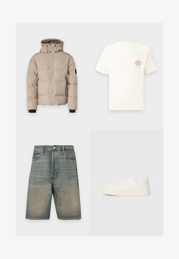 Beige eristetty takki hupulla, jossa on etuvetoketju, sivuvetoketjulliset taskut ja elastiset hihnat lämpöä ja mukavuutta varten.; Valkoinen lyhythihainen t-paita, jossa on punainen teksti "Studio Originals Edition" vasemmalla rinnalla, esitetty neutraalilla harmaalla taustalla.; Farkkushortsit, haalistunut sininen väri, korkea vyötärö, viisi taskua, metalliosat ja näkyvät ompelusaumat.; Valkoiset liukusukat, joissa on teksturoitu pinta, paksu pohja ja minimalistikot. Sivulla on brändin logo.