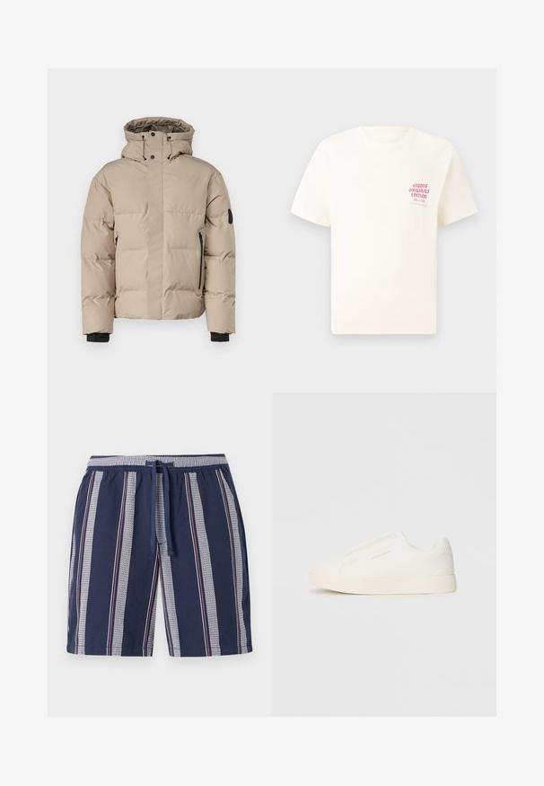 Bež jakna s izolacijom i kapuljačom, koja ima prednji zip zatvarač, bočne zip džepove i elastične manžete za toplinu i udobnost.; Bijela kratka majica s kratkim rukavima s crvenim natpisom "Studio Originals Edition" na lijevoj strani grudi, prikazana na neutralnoj sivoj pozadini.; Tamno plavi kupaći šorts s vertikalnim prugastim uzorkom u bijeloj i crvenoj boji, elastična pojasnica i vrpca za skupljanje, izrađen od lagane tkanine.; Bijele slip-on tenisice s teksturiranom površinom, debelim đonom i minimalističkim dizajnom. Sadrže logo branda sa strane.