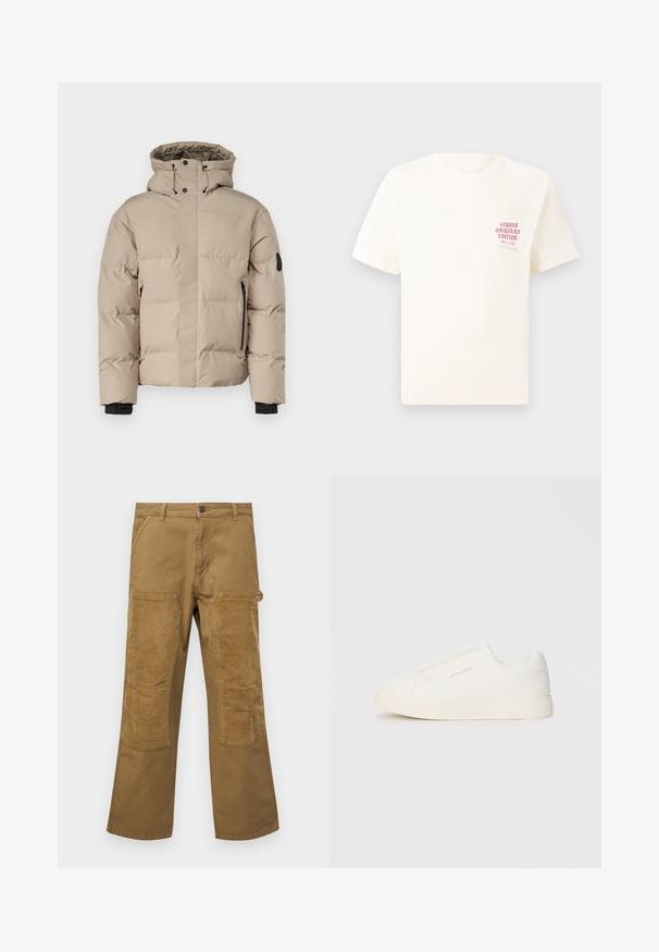 Beige isolierte Jacke mit Kapuze, ausgestattet mit einem Front-Reißverschluss, seitlichen Reißverschlusstaschen und elastischen Bündchen für Wärme und Komfort.; Weißes T-Shirt mit kurzen Ärmeln und rotem Text "Studio Originals Edition" auf der linken Brust, präsentiert vor einem neutralen grauen Hintergrund.; Cargo-Hosen aus braunem Baumwollstoff mit kontrastierenden, gerippten Stoffpatches, geradem Beinanschnitt, fünf Taschen und einem Knopfverschluss.; Weiße Slip-On-Sneaker mit einer strukturierten Oberfläche, dicker Sohle und minimalistischem Design. Mit Logo der Marke an der Seite.