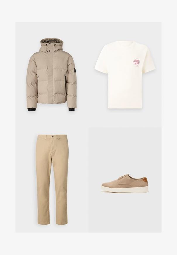 Beige isolert jakke med hette, med front zip lukking, sidelommer med glidelås og elastiske mansjetter for varme og komfort.; Hvit T-skjorte med korte ermer og rød tekst "Studio Originals Edition" på venstre bryst, vist på en nøytral grå bakgrunn.; GAP SLIM PERFORMANCE STRETCH - Chinos - khaki; Beige semskinnsko med rund tå, snøring foran og en teksturert bakre aksent. Hvit gummisåle gir kontrast. Enkelt og moderne design.