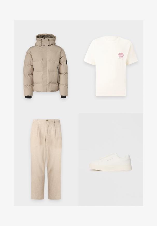 Beige zateplená bunda s kapucí, která má přední zip, boční zipové kapsy a elastické manžety pro teplo a pohodlí.; Bílý krátký rukávový tričko s červeným textem "Studio Originals Edition" na levé hrudi, vystavené na neutrálním šedém pozadí.; Béžové lněné kalhoty s sklady, elastickým pasem a jedním knoflíkem na zapínání. Rovný střih s texturovaným povrchem.; Bílé slip-on tenisky s texturovaným povrchem, silnou podešví a minimalistickým designem. Na boku je umístěno logo značky.