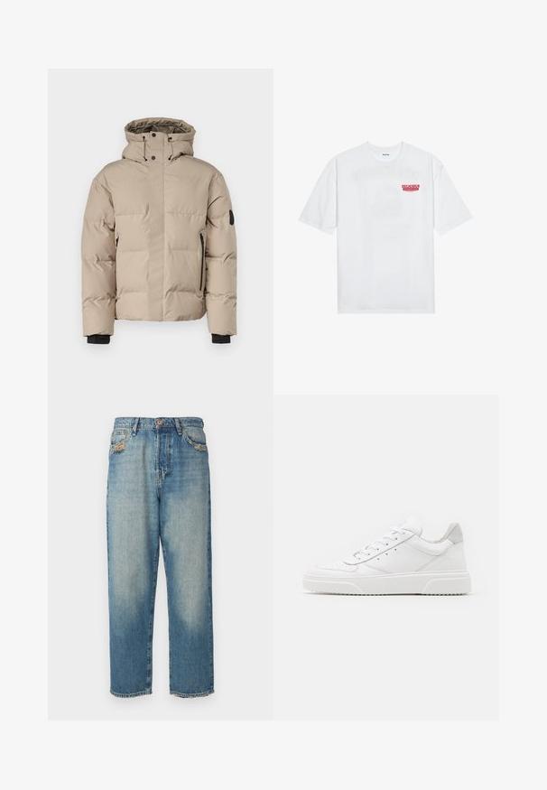 Bežna izolirana jakna s kapuco, ki ima sprednje zadrge, stranske žepne zadrge in elastične manšete za toplotno zaščito in udobje.; Bela bomba majica iz bombaža z kratkimi rokavi, krožno ovratnikom in rdečim grafičnim besedilom "OKUSNO OSVEŽILNO SADJE" na sprednji strani.; Svijetloplave traperice ravnog kroja, izblijedjele, s oštećenjima na džepovima i ispucalim rubovima. Dizajn s pet džepova i kopčanjem na dugme.; Bele usnjene športne copate z gladkim zaključkom, okroglo konico, ravnimi vezalkami in teksturiranim podplatom. Sivi semiš detajl na peti.