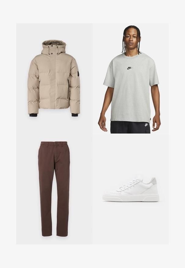 Bežna izolirana jakna s kapuco, ki ima sprednje zadrge, stranske žepne zadrge in elastične manšete za toplotno zaščito in udobje.; Mlad človek z zasebnimi lasmi, oblečen v svetlo sivo majico Nike in črne kratke hlače Nike pred enostavno belo kuliso.; Rjavi bombažni chinos hlače s ravnim krojem, ki imajo sprednje zapiranje na gumb in stranske žepke. Gladka tekstura z klasičnim krojem.; Bele usnjene športne copate z gladkim zaključkom, okroglo konico, ravnimi vezalkami in teksturiranim podplatom. Sivi semiš detajl na peti.