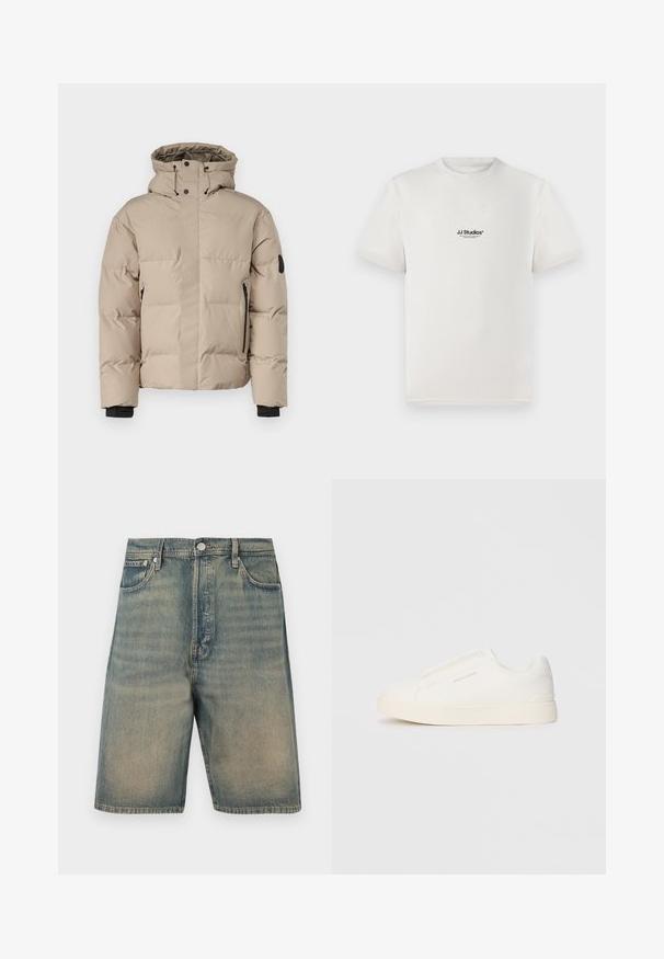 Chaqueta aislante beige con capucha, que cuenta con un cierre frontal de cremallera, bolsillos laterales con cremallera y puños elásticos para mayor calidez y comodidad.; Camiseta de algodón blanca de manga corta, con un logo negro de "JJ Studios" en el pecho. Diseño de cuello redondo y ajuste estándar.; Shorts de mezclilla, color azul desgastado, diseño de tiro alto, estilo de cinco bolsillos, con herrajes de metal y acentos de costura visibles.; Zapatillas blancas tipo slip-on con una superficie texturizada, suela gruesa y diseño minimalista. Presenta el logo de la marca en un lado.