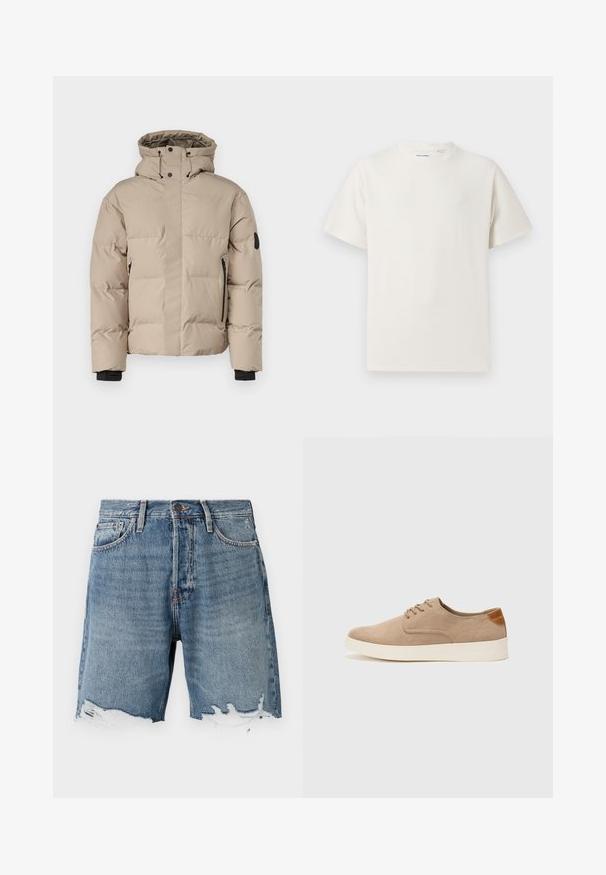 Bežna izolirana jakna s kapuco, ki ima sprednje zadrge, stranske žepne zadrge in elastične manšete za toplotno zaščito in udobje.; Bela majica s kratkimi rokavi iz rebraste tkanine. Okrogli izrez, sproščen kroj, brez vidnih vzorcev ali naglasov. Preprosta in vsestranska zasnova.; Denim kratke hlače v svetlo modri barvi z raztrganim robom, dizajn s petimi žepi in vidno šivanje. Imajo gumbasto zapiranje v pasu.; Bež tkanine usnjene superge z zaobljenim nosom, vezalkami na sprednji strani in teksturiranim zadnjim detajlom. Belo gumijasto podplato zagotavlja kontrast. Enostaven in sodoben dizajn.