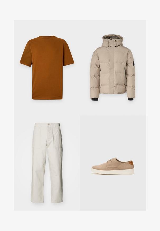 Beige isolert jakke med hette, med front zip lukking, sidelommer med glidelås og elastiske mansjetter for varme og komfort.; T-skjorte med korte ermer i brent oransje bomull. Har rund hals, avslappet passform og glatt tekstur uten mønstre eller dekorasjoner.; Lyse beige vide bukser laget av bomull. Har frontlommer og knappelukking. Jevn tekstur med subtile vertikale linjer.; Beige semskinnsko med rund tå, snøring foran og en teksturert bakre aksent. Hvit gummisåle gir kontrast. Enkelt og moderne design.
