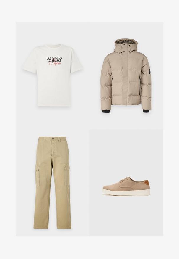 Beige isolert jakke med hette, med front zip lukking, sidelommer med glidelås og elastiske mansjetter for varme og komfort.; Hvit bomull T-skjorte med korte ermer og rund hals. Har «Los Angeles California» grafikk i svart og rødt. Enkel, avslappet passform.; Beige cargo bukser laget av bomull, med to sidelommer, knappelukking, og rette ben med et lett strukturert stoff.; Beige semskinnsko med rund tå, snøring foran og en teksturert bakre aksent. Hvit gummisåle gir kontrast. Enkelt og moderne design.