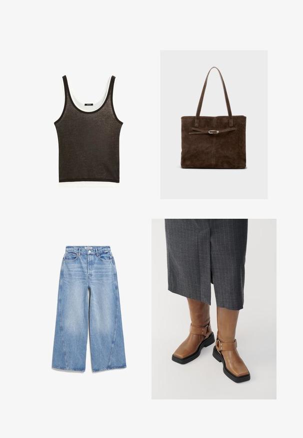 Cappotto in misto lana marrone con design doppiopetto, ampie risvolte e maniche 3/4. Presenta due bottoni neri e un taglio pulito e minimalista.; Top senza maniche di colore marrone scuro con orlo orizzontale bianco. Realizzato in tessuto leggero, presenta un collo rotondo e un design minimalista.; Jeans in denim a gamba larga di colore azzurro chiaro, con vita alta, cuciture a contrasto e design a cinque tasche. Texture liscia con una finitura sbiadita.; Stivali alti fino al ginocchio in pelle marrone con punta quadrata, suola in gomma nera e dettaglio con cinturino regolabile. Indossati con una gonna grigia a righe.; Borsa tote in suede marrone con manici lunghi, caratterizzata da un corpo piatto e una tracolla decorativa con accentuazione in metallo di colore argento.