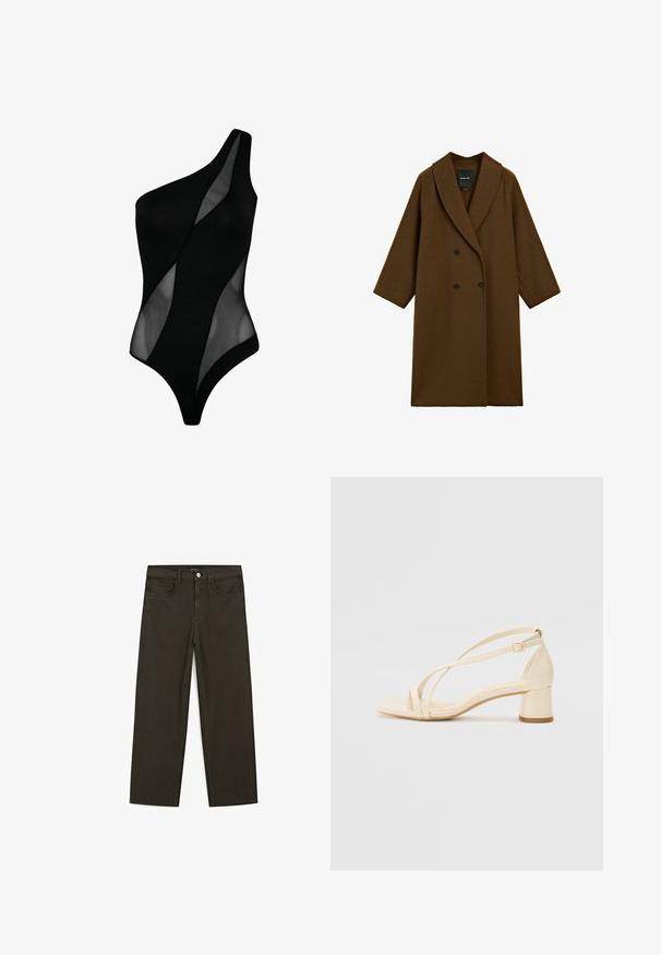 Manteau en mélange de laine marron avec un design croisé, larges revers et manches 3/4. Il comporte deux boutons noirs et une coupe épurée et minimaliste.; Maillot de bain noir à une épaule avec une combinaison de panneaux opaques et transparents, texture lisse et design ajusté.; Jeans large en denim vert foncé en mélange de coton, avec une fermeture à bouton à l'avant, cinq poches et des coutures classiques en denim.; Sandales à talons beiges avec un talon bloc, un design entrecroisé et une bride de cheville réglable, fabriquées en matériau synthétique lisse avec une finition mate.
