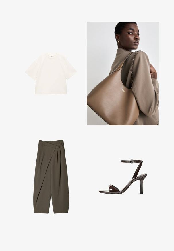 Bruine wollen blend jas met een dubbelgeknopte ontwerp, brede lapels en 3/4 lengte mouwen. Heeft twee zwarte knopen en een schone, minimalistische snit.; Oversized witte katoenen t-shirt met korte mouwen, ronde halslijn en een gladde textuur. Geen patronen of zichtbare hardwaredetails.; Ruime broek in donkergroen stof, met een geplooide voorkant, een knoopsluiting en een gepolijste, gestructureerde afwerking.; Bruine gepatenteerde lederen sandaal met hoge hak, enkelbandje, open teen, en een strak, minimalistisch ontwerp. Voorzien van een vierkante hak.; Bruine lederen handtas met een gladde textuur, met een gebogen silhouet en een metalen logo. De schouderband heeft decoratieve studs langs de naad.