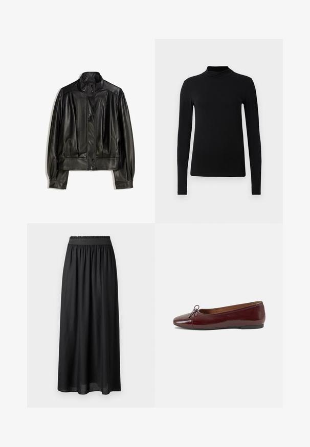 Zwarte leren jas met een hoge kraag, knopenlits en geplooide details op de mouwen en het lichaam voor een relaxte pasvorm. Soepele textuur.; Zwarte langemouwen turtleneck shirt gemaakt van gladde stof; aansluitend ontwerp met een hoge kraag en geen zichtbare naden. Eenvoudige, effen kleur.; Zwarte mid-length rok van lichtgewicht stof, met een elastische tailleband en een vloeiende pasvorm met een gladde textuur.; Bordeaux gepatenteerd lederen ballerina met een ronde neus, een klein strikaccent aan de voorkant en een lage, zwarte rubberen zool. Glad textuur.