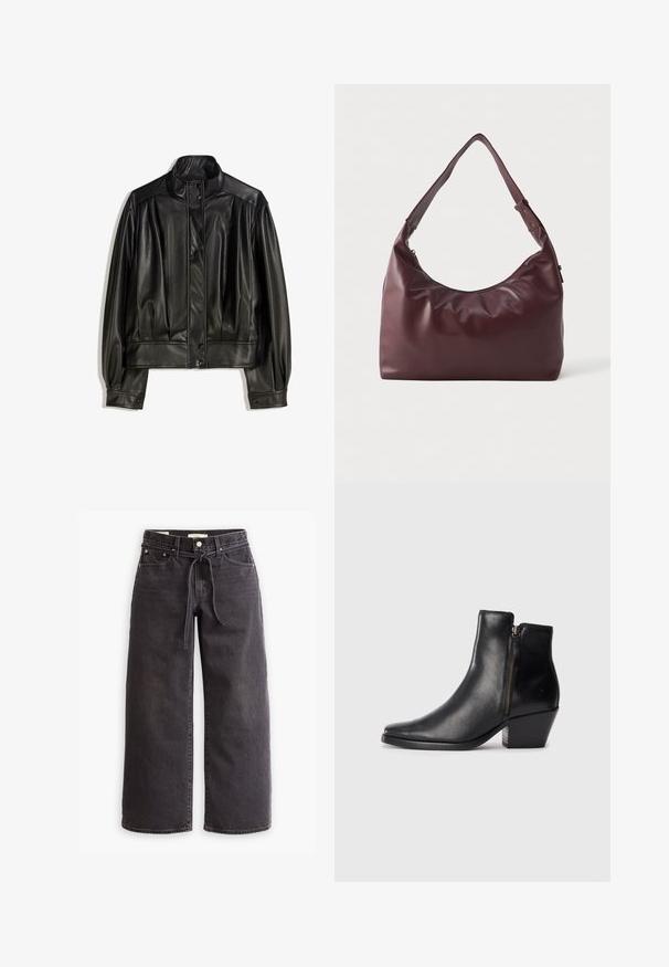 Giubbotto di pelle nera con colletto alto, chiusura a bottoni e dettagli arricciati sulle maniche e sul corpo per un fit rilassato. Texture liscia.; Maglietta nera a maniche lunghe con colletto alto, realizzata in tessuto liscio; design aderente senza cuciture visibili. Colore semplice e uni.; Jeans neri a gamba larga in denim, con vita con coulisse, cinque tasche e dettagli di cuciture a contrasto. Design con davanti piatto.; Stivale alla caviglia in pelle nera con punta affilata, zip laterale e tacco spesso. Texture liscia e design minimalista.; Borsa a spalla in pelle bordeaux liscia con tracolla regolabile e chiusura a zip, esposta su uno sfondo bianco semplice.