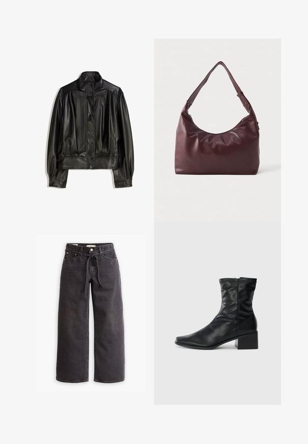 Veste en cuir noir avec un col haut, fermeture à boutons et détails froncés sur les manches et le corps pour une coupe décontractée. Texture lisse.; Chemise à col roulé noir à manches longues en tissu lisse ; design ajusté avec un col haut et sans coutures visibles. Couleur unie et simple.; Jeans larges noirs en jean, dotés d'une taille à cordon de serrage, de cinq poches et de détails de couture contrastés. Design à l'avant plat.; Bottes en cuir noires à mi-mollet avec un bout carré, fermeture éclair sur le côté et talon bloc sur un fond blanc uni.; Sac en cuir bordeaux lisse avec une bandoulière réglable et une fermeture éclair, présenté sur un fond blanc uni.