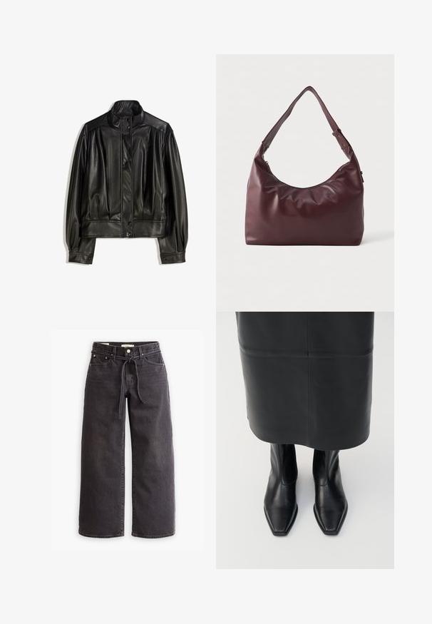 Czarna skórzana kurtka z wysokim kołnierzem, z przodem zapinanym na guziki oraz marszczeniami na rękawach i korpusie, zapewniająca luźny krój. Gładka tekstura.; Czarny długi rękaw golf wykonany z gładkiego materiału; dopasowany krój z wysokim kołnierzem i bez widocznych szwów. Prosty, jednolity kolor.; Czarne dżinsy o szerokich nogawkach, wykonane z denimu, z elastycznym paskiem na sznurki, pięcioma kieszeniami oraz kontrastowym szwem. Płaski przód.; Czarne skórzane botki z wysoką cholewką, o kwadratowym nosku i bocznym zamku błyskawicznym. Gładka tekstura i minimalna ilość elementów metalowych; zestawione ze skórzaną czarną spódnicą.; Gładka bordowa skórzana torba na ramię z regulowanym paskiem i zapięciem na zamek, zaprezentowana na jednolitym białym tle.