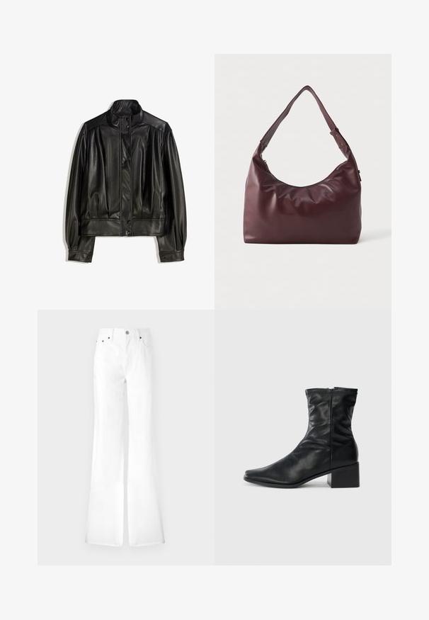 Fekete bőrdzseki magas gallérral, gombos elülső résszel és ráncolt részletekkel a karokon és a testen a laza illeszkedésért. Sima textúra.; Fekete, hosszú ujjú, galléros póló sima anyagból; testhezálló kialakítás magas gallérral és láthatatlan varratokkal. Egyszerű, egyszínű.; Fehér vászon, harangszárú farmernadrág, magas derékkal, öt zsebbel és fém gombos záródással. Simaságra törekvő textúra, letisztult dizájn; a lábszárak egyenesen kezdődnek, majd a szár végén szűkülnek.; Fekete, bokáig érő bőr csizma négyzetes orral, oldalsó cipzárral és tömbsarokkal, sima fehér háttéren.; Simán burgundi bőr válltáska állítható pánttal és cipzáras záródással, sima fehér háttér előtt bemutatva.