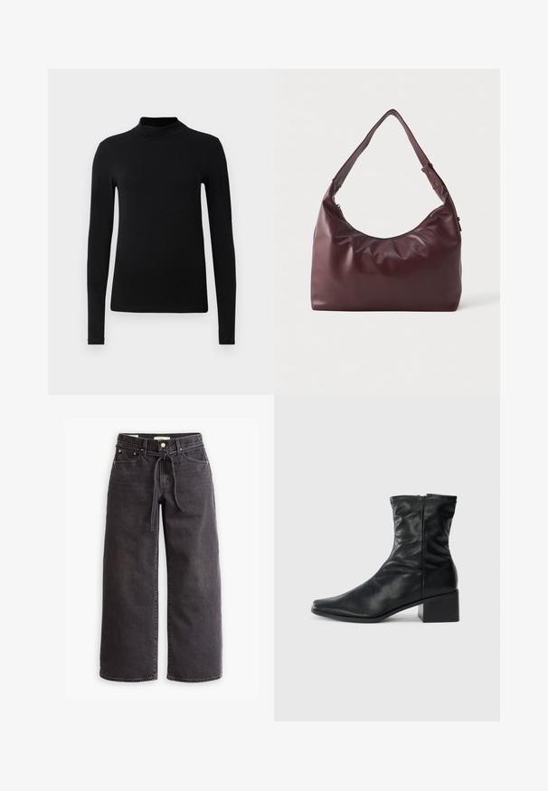 Zwarte leren jas met een hoge kraag, knopenlits en geplooide details op de mouwen en het lichaam voor een relaxte pasvorm. Soepele textuur.; Zwarte langemouwen turtleneck shirt gemaakt van gladde stof; aansluitend ontwerp met een hoge kraag en geen zichtbare naden. Eenvoudige, effen kleur.; Zwarte wijde denim jeans met een trekkoord in de taille, vijf zakken en contrasterende stiksels. Platte voorkant.; Zwarte leren enkelboot met een vierkante neus, een zijrits en een blokhak op een effen witte achtergrond.; Vloeiend burdeos leren schoudertas met verstelbare schouderriem en ritsluiting, weergegeven tegen een simpele witte achtergrond.