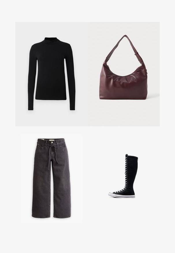 Czarna skórzana kurtka z wysokim kołnierzem, z przodem zapinanym na guziki oraz marszczeniami na rękawach i korpusie, zapewniająca luźny krój. Gładka tekstura.; Czarny długi rękaw golf wykonany z gładkiego materiału; dopasowany krój z wysokim kołnierzem i bez widocznych szwów. Prosty, jednolity kolor.; Czarne dżinsy o szerokich nogawkach, wykonane z denimu, z elastycznym paskiem na sznurki, pięcioma kieszeniami oraz kontrastowym szwem. Płaski przód.; Czarne wysokie trampki o wysokim designie, wykonane z płótna. Posiadają białe sznurowadła, przeszycia oraz gumową podeszwę z osłoną na palce.; Gładka bordowa skórzana torba na ramię z regulowanym paskiem i zapięciem na zamek, zaprezentowana na jednolitym białym tle.