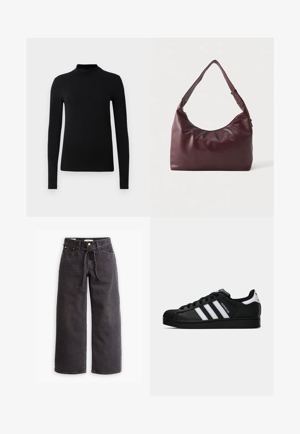 Sort læderjakke med høj krave, knaplukning og sammensyning på ærmer og krop for en afslappet pasform. Glat tekstur.; Sort langærmet turtleneck skjorte lavet af glat stof; tætsiddende design med høj krave og ingen synlige sømme. Enkel, ensfarvet.; Sorte vide ben jeans lavet af denim, med snørre i taljen, fem lommer og detaljer med kontrastsyninger. Flad frontdesign.; Sort Adidas Superstar sneaker med hvide striber, skaletå og "Superstar"-tekst på siden, vist i sideprofil på hvid baggrund.; Glat bordeaux læder skuldertaske med justerbar rem og lynlåslukning, præsenteret mod en ensfarvet hvid baggrund.