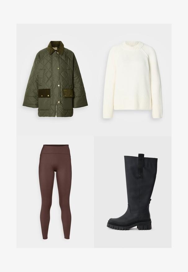 Prošívaná zelená bunda s manžetou z manšestru a předními kapsami. Má zlaté kovové doplňky a hranatý tvar. Hladká textura s matným povrchem.; Krémový svetr s žebrovaným výstřihem a manžetami. Vyroben z měkké, texturované látky. Má volný střih a raglánové rukávy.; Hnědé legíny s vysokým pasem vyrobené z hladké, elastické tkaniny. Mají přiléhavý střih a bezšvový vzhled podél švů.; Černé gumové holínky po kolena s masivní podrážkou, texturovaným gripem a textilním poutkem na vršku pro snadné obouvání. Hladký, matný povrch.