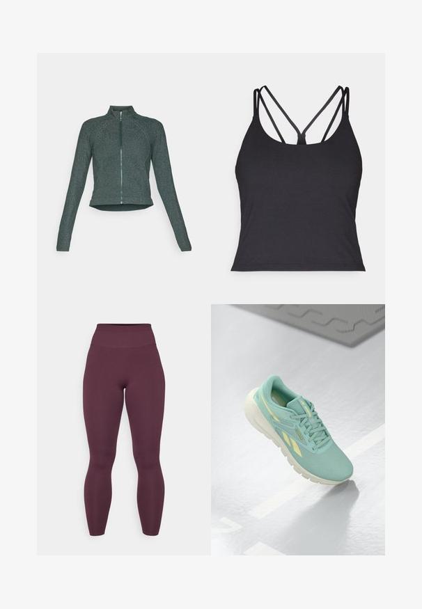 Donkergroene, getailleerde zip-up jacket met een hoge kraag, een gladde textuur en een subtiele glans; voorzien van lange mouwen en een ronde zoom.; Zwarte tanktop met dunne bandjes en een kruisontwerp op de rug. Gemaakt van zachte, rekbare stof met een aansluitende pasvorm.; Bordeaux hoge taille leggings van een gladde, rekbare stof. Volledige lengte, naadloos bij de taille, zonder zichtbare hardware of patronen.; Licht turquoise sportieve schoen met een gestructureerde bovenkant, contrasterende gele accenten en een stevige witte zool. Voorzien van veters en een merklogo.