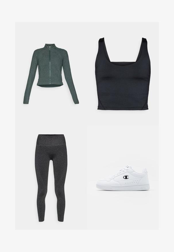 Jachetă verde închis, ajustată, cu fermoar și guler înalt, cu textură netedă și strălucire subtilă; are mâneci lungi și un tiv rotunjit.; Top negru scurtat, realizat dintr-un material neted și elastic, cu bretele late și un decolteu pătrat, cu detalii minime de cusătură.; Leggings negre cu o suprafață lucioasă și texturată, talie înaltă și cusături conturate pentru un design ajustat. Adecvate pentru îmbrăcăminte sport.; Adidași albi pentru sport, cu o parte superioară din material sintetic neted, accent cu logo negru și detalii perforate pe lateral. Talpă din cauciuc.