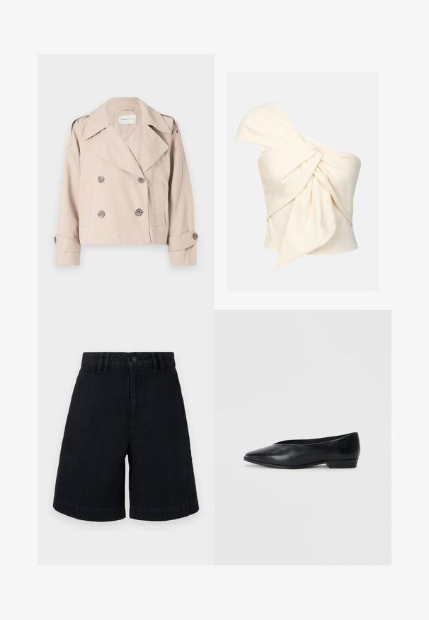 Beige cropped trench coat with double-breasted button closure, wide lapels, and rolled cuffs. Smooth texture, minimalistic design.; One-shoulder cream top made of smooth fabric, featuring a large twisted knot detail at the front and a snug fit.; Black denim shorts with a straight cut, featuring a button closure, belt loops, and rolled hems. Smooth texture with subtle stitching details.; Black leather flat shoe with a pointed toe, slightly raised heel, and smooth surface. Simple design with no visible hardware or patterns.
